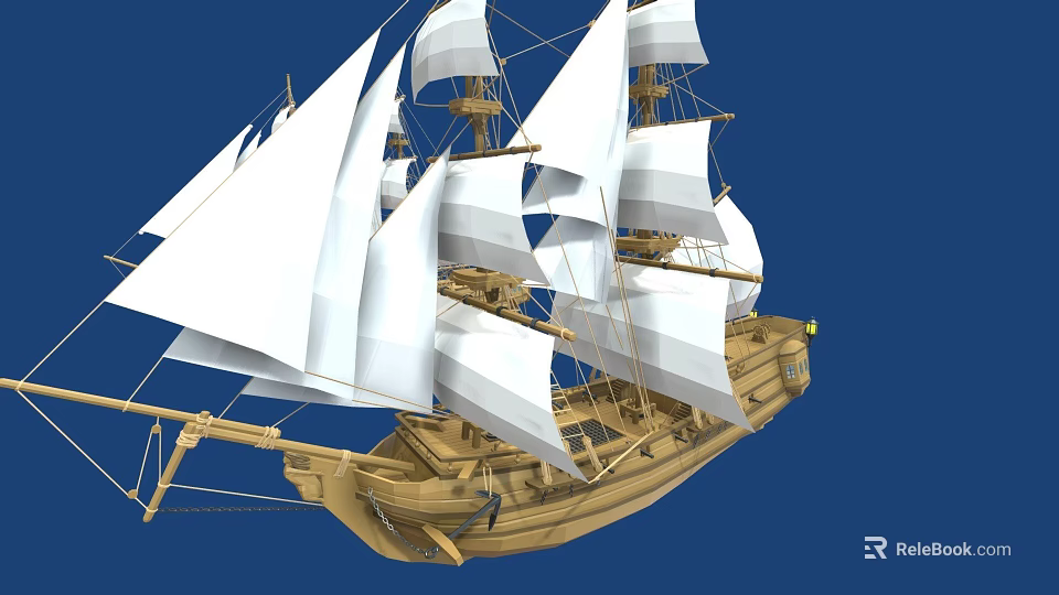 Classic Sailing Ship With White Sails And Wooden Hull On Blue Background 3d model 