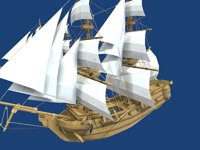 Classic Sailing Ship With White Sails And Wooden Hull On Blue Background 3d model