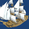 Classic Sailing Ship With White Sails And Wooden Hull On Blue Background