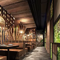 Modern Restaurant Interior With Wooden Lattice Ceiling Hanging Chandeliers Green Chairs And Plant Wall