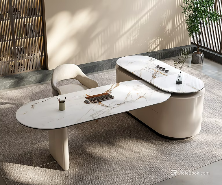 Modern Tea Table And Chair With Unique Design Marble Top Natural Light And Potted Plant 3d model 
