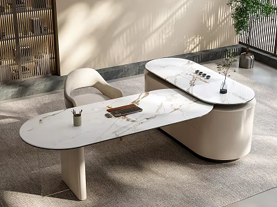 Modern Tea Table And Chair With Unique Design Marble Top Natural Light And Potted Plant 3d model