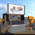 Functional Vehicle Featuring Large Display Screen Exhibition Space Wooden Staircase And Outdoor Tables With Stools