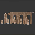 Ancient Historical Arched Structure Display With Standing Statues And Red Flag