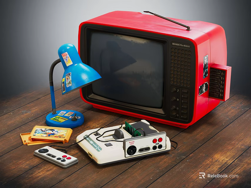 Vintage Entertainment Electronics Featuring Red TV Game Console Controller Cartridges And Blue Lamp 3d model 