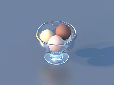 Three Different Colored Eggs in Transparent Glass Bowl on Blue Background 3d model
