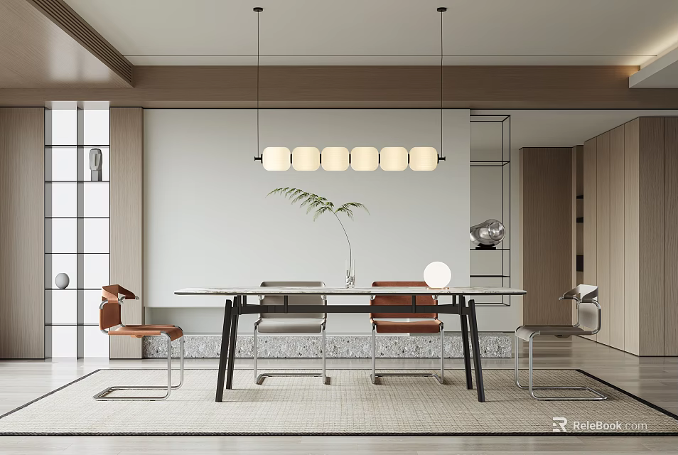 Modern Restaurant Interior With Dining Table Chairs Pendant Lights And Green Plant 3d model