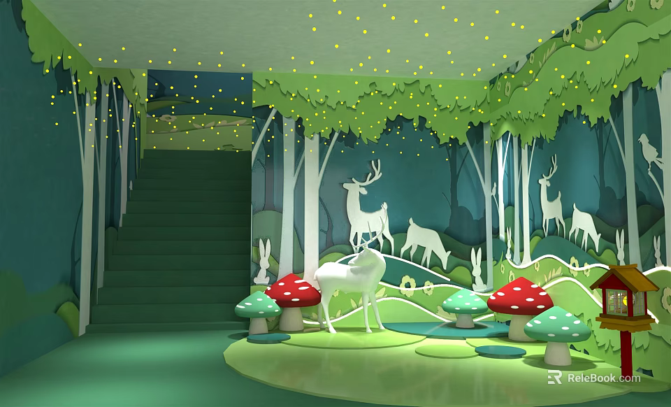 Forest Theme Window Display Decoration With Trees Deer Rabbits Mushrooms And Staircase And Fairy Lights 3d model 