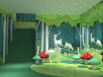 Forest Theme Window Display Decoration With Trees Deer Rabbits Mushrooms And Staircase And Fairy Lights 3d model