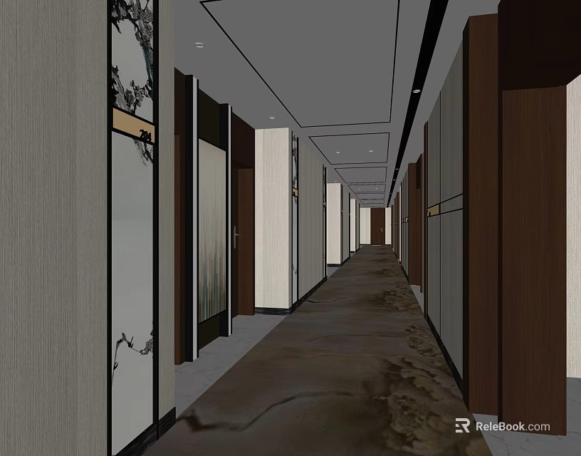 Modern Elegant Elevator Hallway With Wooden Panels Decorative Patterns And Carpeted Floor 3d model