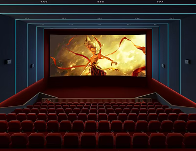 Modern Cinema Interior Featuring Large Screen Animated Movie Red Seats And Blue Lighting 3d model