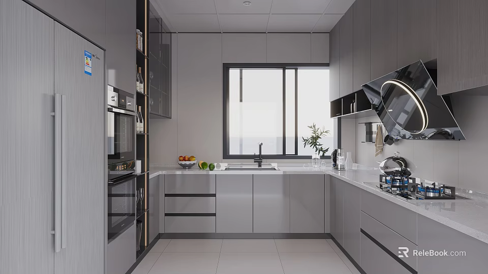Modern Minimalist Glossy Grey Kitchen With Large Window Ample Storage Cabinets And Complete Home Appliances 3d model 