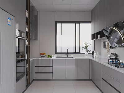 Modern Minimalist Glossy Grey Kitchen With Large Window Ample Storage Cabinets And Complete Home Appliances 3d model
