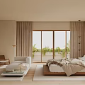 Beige Bedroom Interior Design With Large Windows Plants Wooden Bed And Area Rug
