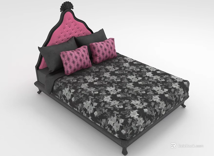 Elegant Double Bed With Pink Headboard Black Decorations Floral Bedspread And Black Pink Pillows 3d model 