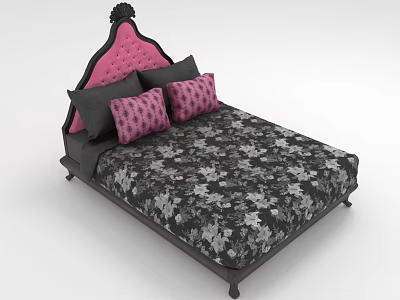 Elegant Double Bed With Pink Headboard Black Decorations Floral Bedspread And Black Pink Pillows 3d model