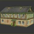 Two Story Residential Building With Brick Exterior Gray Roof Chimneys And White Windows