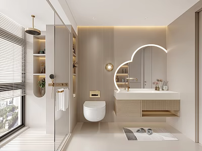 Modern Bathroom Interior With Glass Shower Enclosure Wall Mounted Toilet And Round Backlit Mirror 3d model