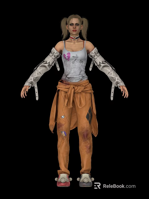 Woman Wearing Gray Tank Top With Pink Heart Design Silver Arm Guards Brown Distressed Pants 3d model 