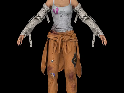 Woman Wearing Gray Tank Top With Pink Heart Design Silver Arm Guards Brown Distressed Pants 3d model