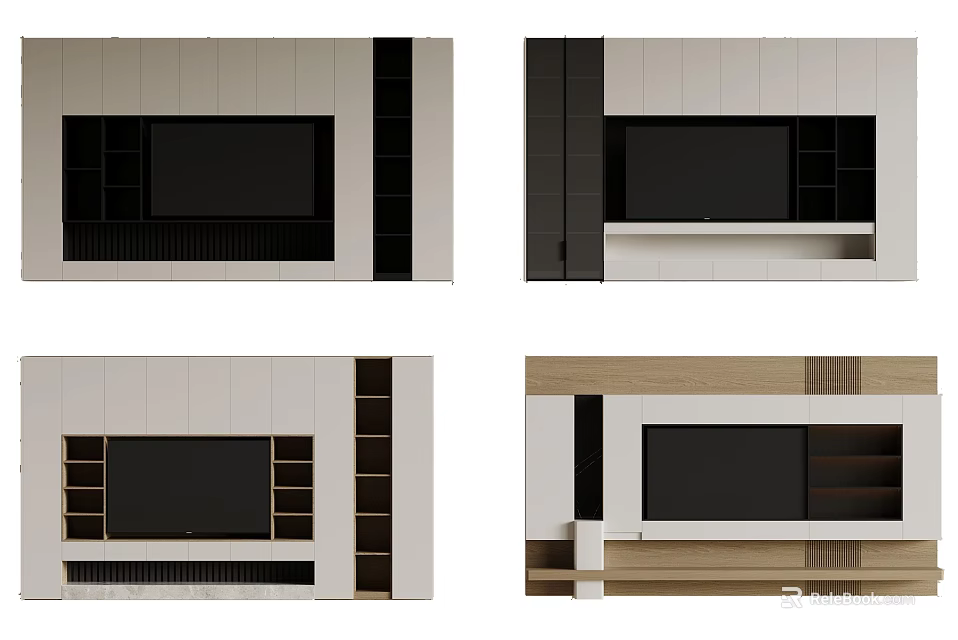 Modern TV Wall Design With Wooden Panels Storage Shelves And Black Accents 3d model 