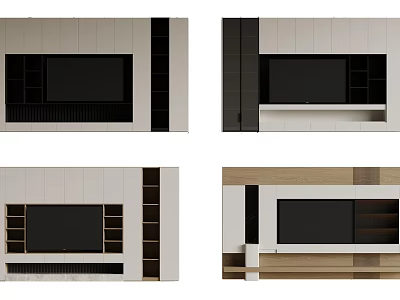 Modern TV Wall Design With Wooden Panels Storage Shelves And Black Accents 3d model