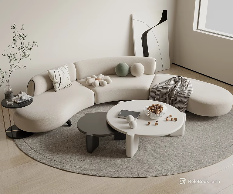 Beige Sectional Sofa with Throw Pillows Blanket and Coffee Table in Minimalist Living Room Interior 3d model 