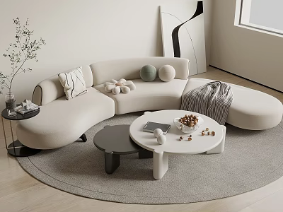 Beige Sectional Sofa with Throw Pillows Blanket and Coffee Table in Minimalist Living Room Interior 3d model