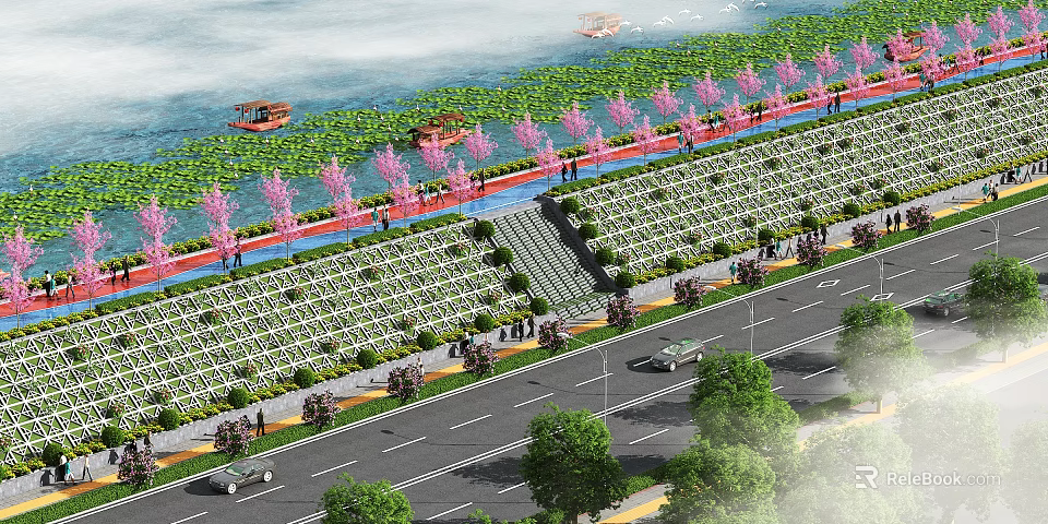 Waterfront Garden Landscape With Pink Flowering Trees Boat Pedestrian Path Green Areas And People Strolling 3d model 