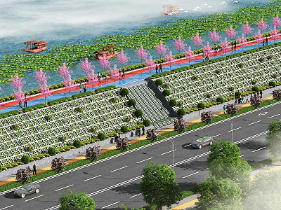 Waterfront Garden Landscape With Pink Flowering Trees Boat Pedestrian Path Green Areas And People Strolling 3d model