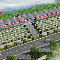 Waterfront Garden Landscape With Pink Flowering Trees Boat Pedestrian Path Green Areas And People Strolling