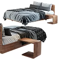 Modern Double Bed With Wooden Headboard Gray Bedding Geometric Pattern And Side Tables 3d model