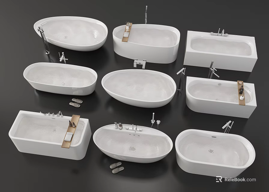 Multiple Bathtub Styles Featuring Oval Rectangular Shapes With Faucet Fixtures 3d model