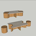 Modern Wooden Coffee Table Set With Marble Tabletop And Round Stools 3d model
