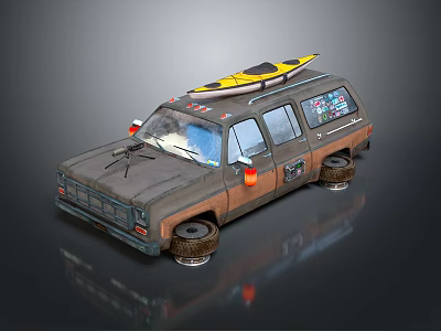 Vintage Off Road Car With Rustic Exterior Roof Mounted Yellow Black Surfboard And Large Tires 3d model