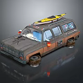 Vintage Off Road Car With Rustic Exterior Roof Mounted Yellow Black Surfboard And Large Tires