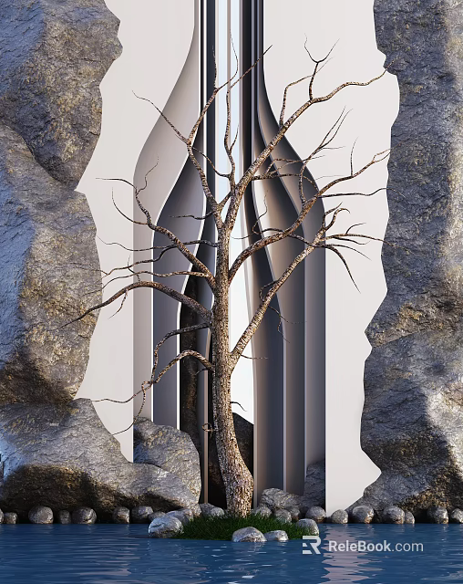 Bare Branched Tree With Textured Trunk Surrounded By Rocks And Modern Background 3d model 
