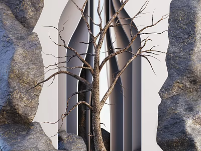 Bare Branched Tree With Textured Trunk Surrounded By Rocks And Modern Background 3d model