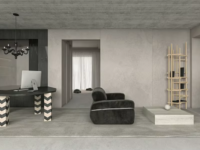 Modern Living Room Interior With Gray Walls Black Armchair And Wooden Bookshelf 3d model