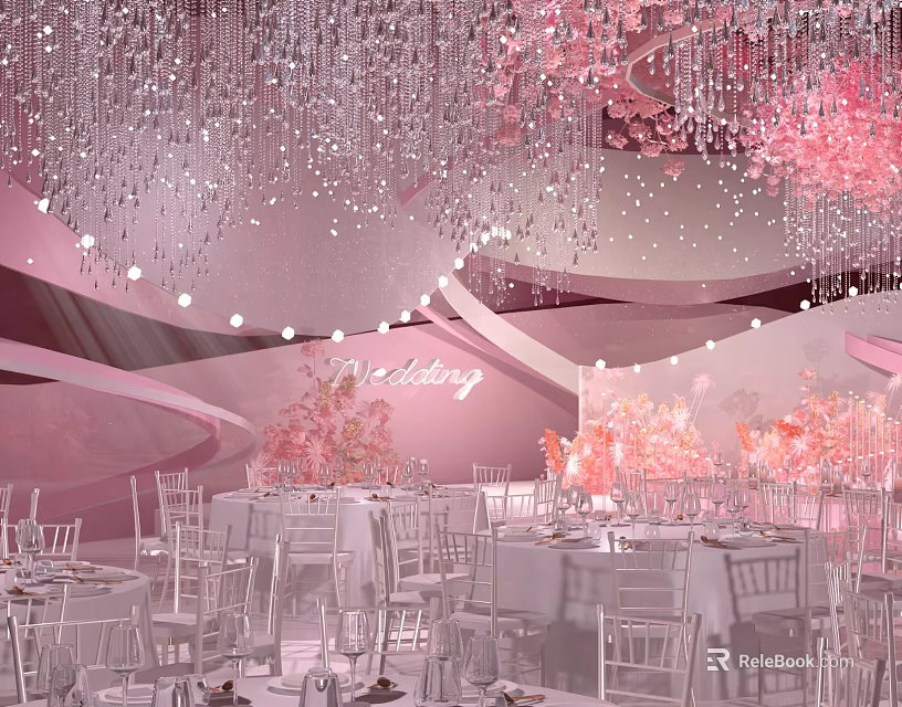 Elegant Pink Banquet Hall Interior With Crystal Chandeliers Round Tables And Flowers 3d model 