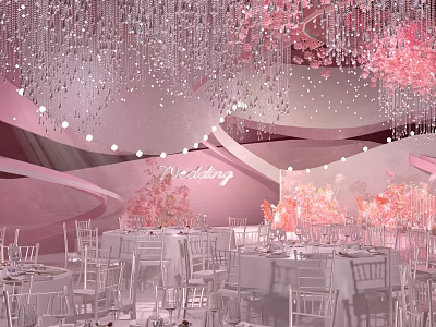 Elegant Pink Banquet Hall Interior With Crystal Chandeliers Round Tables And Flowers 3d model