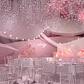 Elegant Pink Banquet Hall Interior With Crystal Chandeliers Round Tables And Flowers