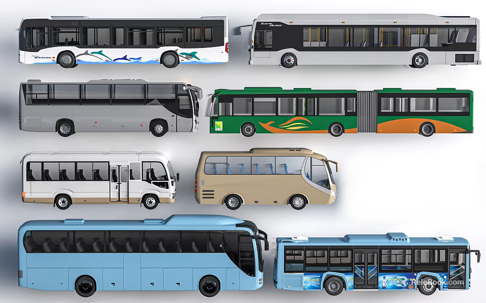 Various Modern Buses In Different Colors And Unique Designs 3d model 