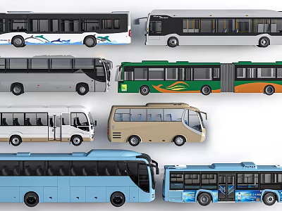 Various Modern Buses In Different Colors And Unique Designs 3d model