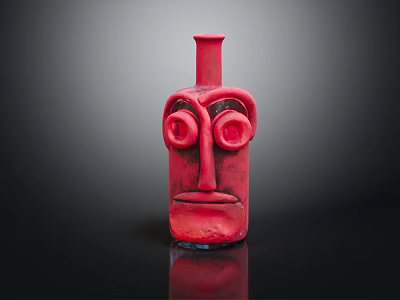 Red Face Shaped Ceramic Vessel With Artistic Eye And Mouth Design On Dark Surface 3d model