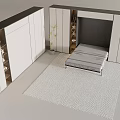 Modern Bedroom Interior With White Wardrobes Open Shelving And Area Rug