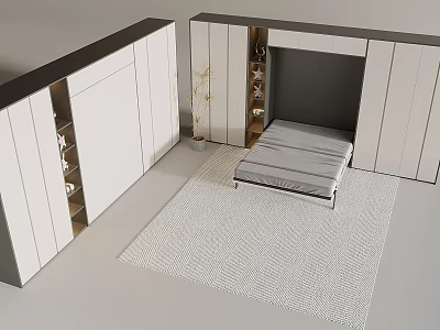 Modern Bedroom Interior With White Wardrobes Open Shelving And Area Rug 3d model