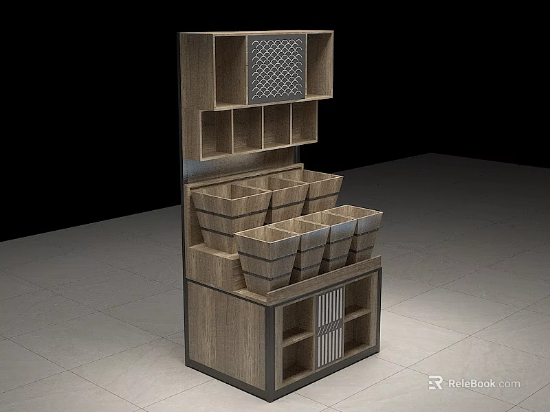 Wooden Display Shelf With Multiple Compartments Baskets And Grid Design For Product 3d model
