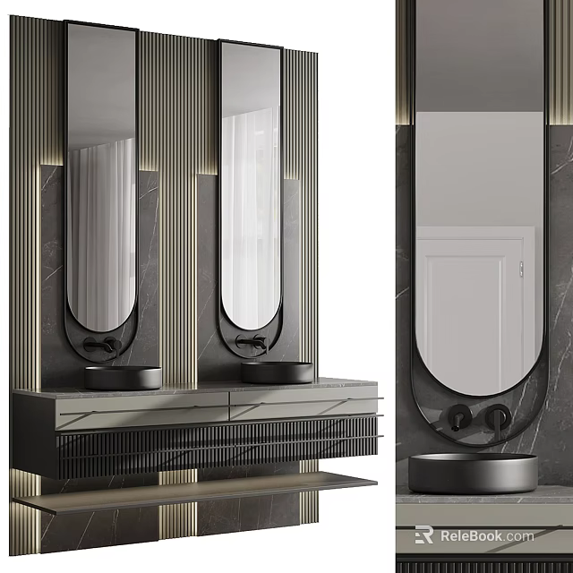 Modern Double Washbasin With Marble Countertop Round Mirror And Decorative Lines 3d model 