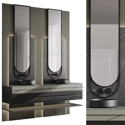 Modern Double Washbasin With Marble Countertop Round Mirror And Decorative Lines 3d model
